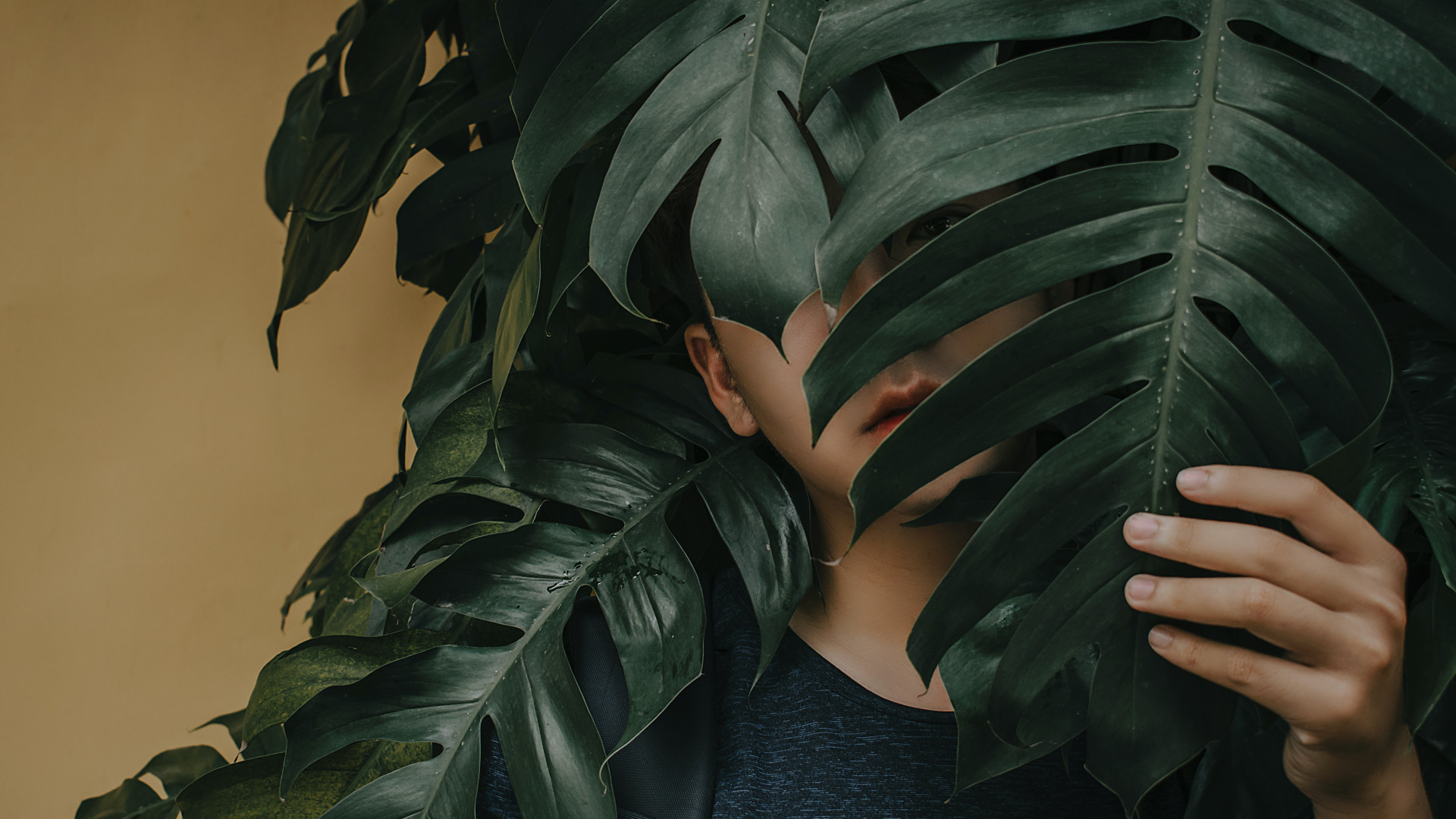 Junge versteckt sich hinter Pflanze