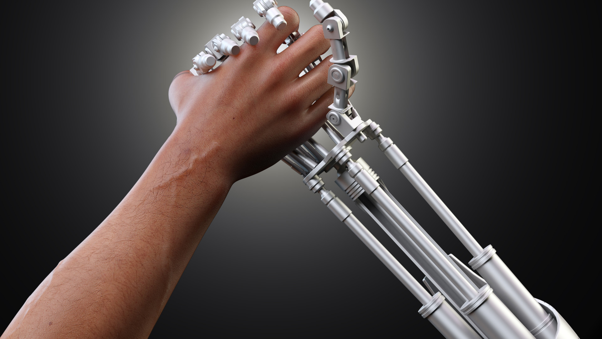 Menschlicher Arm & Roboter Arm reichen sich die Hand