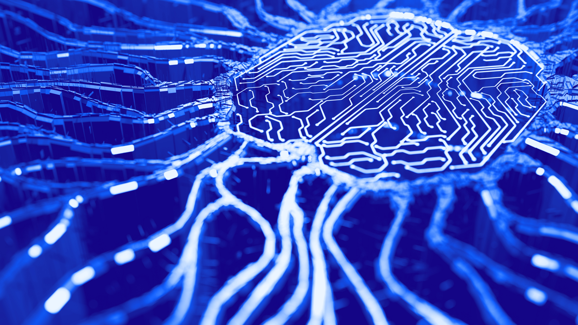 Illustration für Künstliche Intelligenz: Datenströme, die auf ein Chip-ähnliches Zentrum zulaufen.