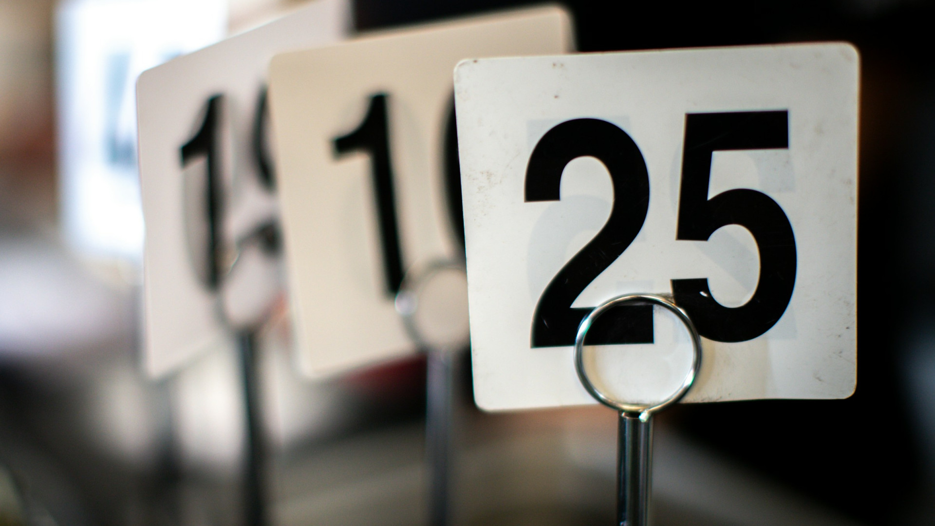 Weiße Nummernschilder mit schwarzer Schrift, vorne die Zahl 25, in einem Halter aufgestellt.