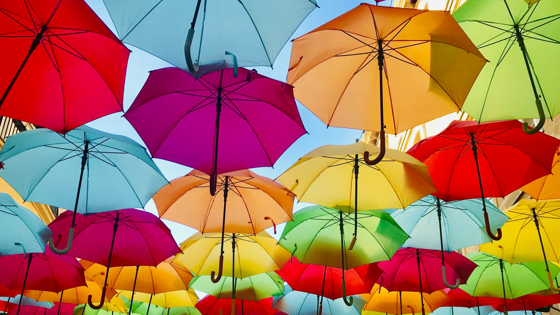 Bunte Regenschirme in Blau, Pink, Gelb, Grün und Orange hängen über einer Straße, umrahmt von Gebäudewänden.
