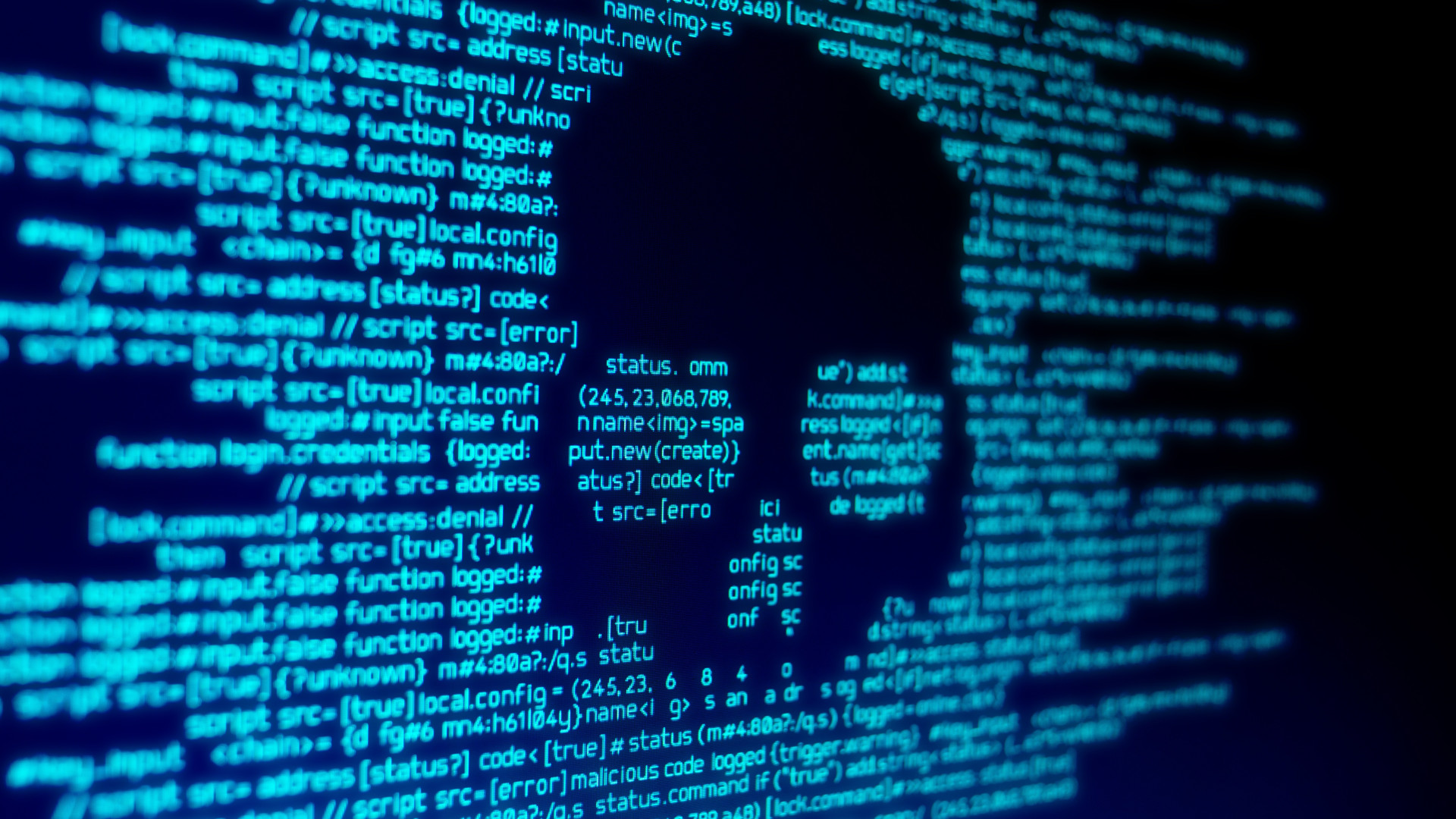 Totenkopf aus Programmiercode in blauer Schrift auf schwarzem Hintergrund, mit Anweisungen und Parametern.