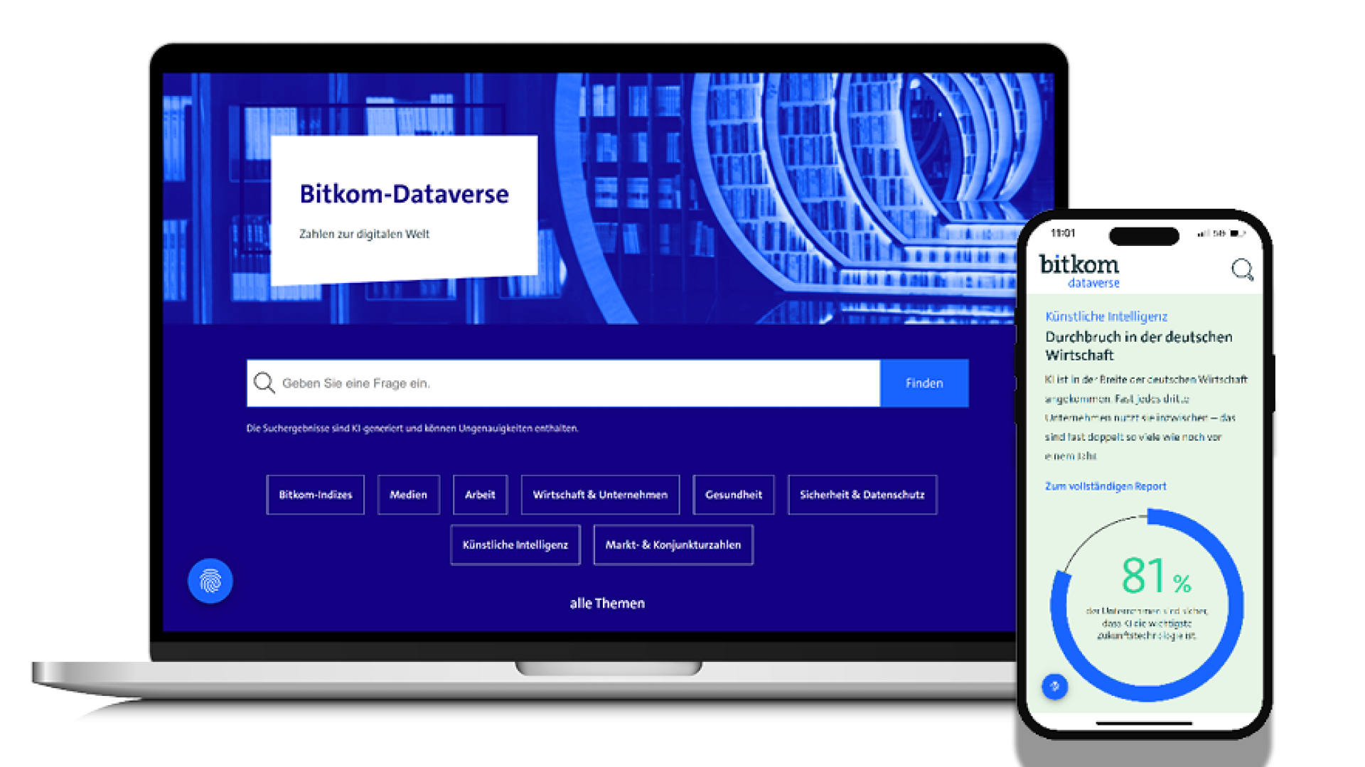 Laptop displaying "Bitkom-Dataverse" homepage with topics listed; smartphone showing "Künstliche Intelligenz" progress at 81%.