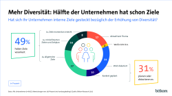 49 % der Unternehmen haben Ziele in der Unternehmenskultur verankert, 8 % geben an, ihre Ziele aktuell erreicht zu haben. Für 17% ist Diversität kein Ziel. 31 % diskutieren oder planen Ziele. 