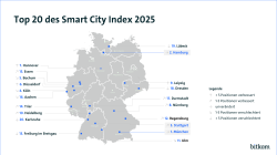 Karte mit den 20 besten Städten im Smart City Index 2025, angeführt von München, Hamburg und Stuttgart.