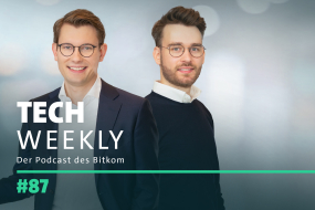 Titelbild der 87. Folge des Bitkom-Podcast Tech Weekly zum Thema US-Zölle und deren Bedeutung für die Digitalwirtschaft in Deutschland mit Bitkom-Geschäftsleiter Fabian Zacharias