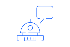 Symbol eines kleinen Roboters mit einer Sprechblase, die Kommunikation darstellt.