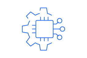 Symbol für Technologie mit einem zentralen Rechteck und Linien, die an einen Schaltkreis erinnern.
