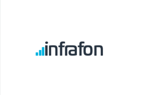 Logo von "infrafon" in Schwarz mit blauem Punkt beim "i" und drei blauen vertikalen Balken auf weißem Hintergrund.