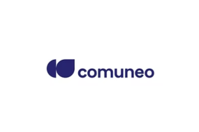 Logo von "comuneo" mit zwei blauen, stilisierten Tropfen links und dem Schriftzug "comuneo" in blauer Schrift rechts.