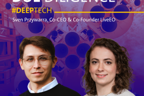 Two people stand side by side. Left: man in glasses and black "LiveEO" sweater. Right: woman in light sweater. Background: graphic with circles and purple-pink gradient. Text above: "DUE DILIGENCE #DEEPTECH" in yellow. Below: "Sven