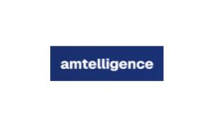 Logo mit dem Text "amtelligence" in weißer Schrift auf blauem Hintergrund.