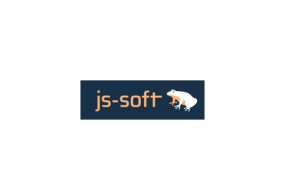 Logo "js-soft" in heller Schrift auf dunklem Hintergrund mit stilisiertem, hellem Frosch rechts.