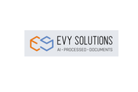 Logo "EVY SOLUTIONS" mit stilisierten, ineinandergreifenden Formen in Orange und Blau. Zusatz: "AI • PROCESSED • DOCUMENTS".