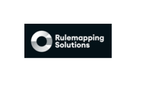 Logo mit dem Text "Rulemapping Solutions" in Weiß auf schwarzem Hintergrund, graues, kreisförmiges Element.