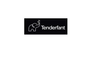 Logo auf schwarzem Hintergrund mit stilisiertem Elefanten aus geometrischen Formen und dem Text „Tenderfant“ in Weiß.