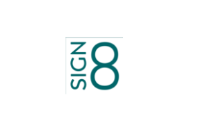 Logo mit dem Text "SIGN 8" in dunklem Türkis auf weißem Hintergrund. Die Zahl "8" ist größer und rund.