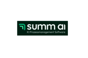 Logo mit dem Text "summ ai" in Weiß und Hellgrün auf dunklem Hintergrund, mit dem Zusatz "KI Prozessmanagement Software".
