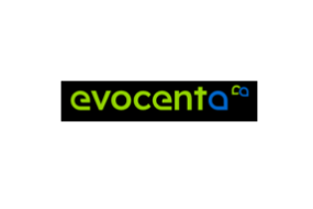 Logo "evocenta" in grün, gelb und blau auf schwarzem Hintergrund, mit stilisiertem Quadrat rechts.