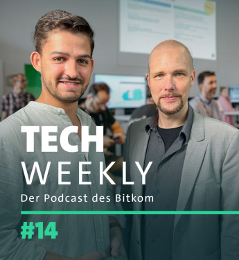 Titelbild der 14. Folge des Bitkom-Podcast Tech Weekly zum Thema generative KI und Quantencomputing mit Jonas Andrulis, CEO von Aleph Alpha, und Tobias Grimm, Podcast-Host