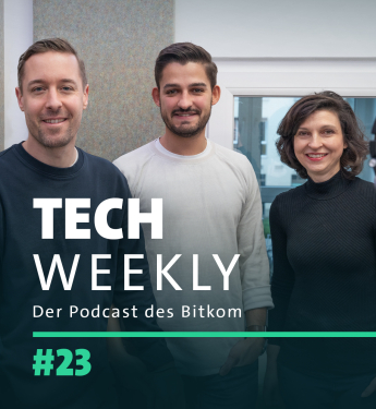 Cover der 23. Folge von Tech Weekly zum Thema Digitale Transformation und Daten-Relevanz in Zügen und Firmen mit Anja Olsok, Geschäftsführerin der Bitkom Servicegesellschaft, und Dr. Christopher Meinecke, Bitkom-Experte für Digitale Transformation