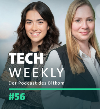 Tech Weekly #56 zum Thema Elektronische Steuererklärung und Angriffe auf die deutsche Wirtschaft mit Leah Schrimpf, Bildungsexpertin des Bitkom, und Charleen Roloff, Rechtsexpertin des Bitkom, auf dem Cover