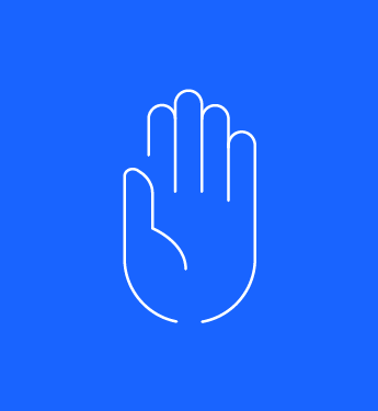 Stilisierte weiße Faust auf blauem Hintergrund, mit strahlenden Linien darüber. Minimalistisches Design.