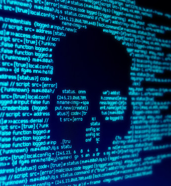 Totenkopf aus Programmiercode in blauer Schrift auf schwarzem Hintergrund, mit Anweisungen und Parametern.