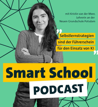 Frau mit langen, lockigen Haaren in grauem Pullover vor hellgrünem, geometrisch gemustertem Hintergrund.