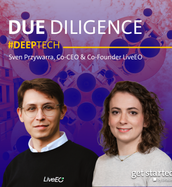 Two people stand side by side. Left: man in glasses and black "LiveEO" sweater. Right: woman in light sweater. Background: graphic with circles and purple-pink gradient. Text above: "DUE DILIGENCE #DEEPTECH" in yellow. Below: "Sven