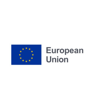 Logo der Europäischen Union: blauer Rechteck mit gelbem Kreis aus zwölf Sternen, Text „European Union“ in grau.