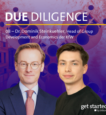 Zwei Personen vor buntem, abstraktem Hintergrund. Text: „DUE DILIGENCE“ und „08 – Dr. Dominik Steinkuehler“.