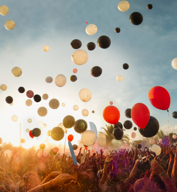 Bunte Luftballons steigen über Menschenmenge in die Luft