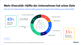 49 % der Unternehmen haben Ziele in der Unternehmenskultur verankert, 8 % geben an, ihre Ziele aktuell erreicht zu haben. Für 17% ist Diversität kein Ziel. 31 % diskutieren oder planen Ziele. 