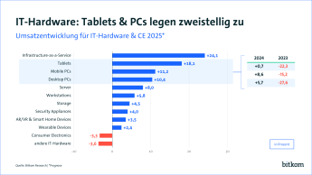 Umsatzentwicklung für IT Hardware & CE 2025* Infrastructure-as-a-Service + 24,1, Tablets + 18,1.