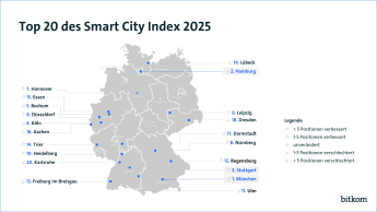 Karte mit den 20 besten Städten im Smart City Index 2025, angeführt von München, Hamburg und Stuttgart.