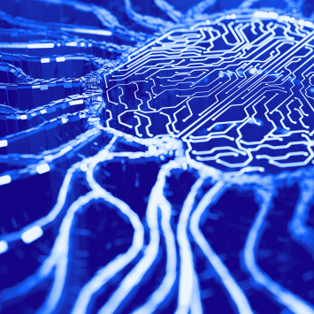 Illustration für Künstliche Intelligenz: Datenströme, die auf ein Chip-ähnliches Zentrum zulaufen.