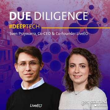 Two people stand side by side. A man in glasses and a black "LiveEO" sweater, and a woman in a light sweater. Background features purple and pink circles. Text above: "DUE DILIGENCE #DEEPTECH" in yellow. Below: "Sven Przywarra