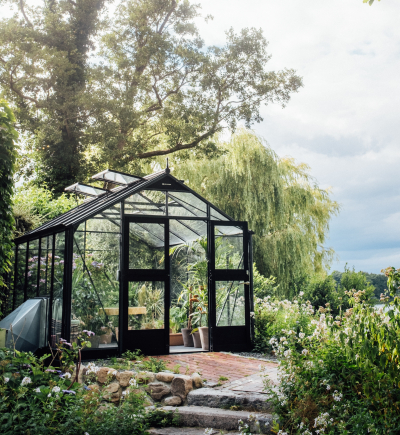 Ein Glashaus steht inmitten von Bäumen in einem Wald