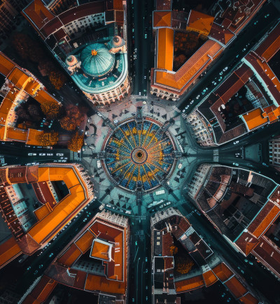 Vogelperspektive auf einen kreisförmigen Platz, umgeben von symmetrisch angeordneten Straßen und Gebäuden.