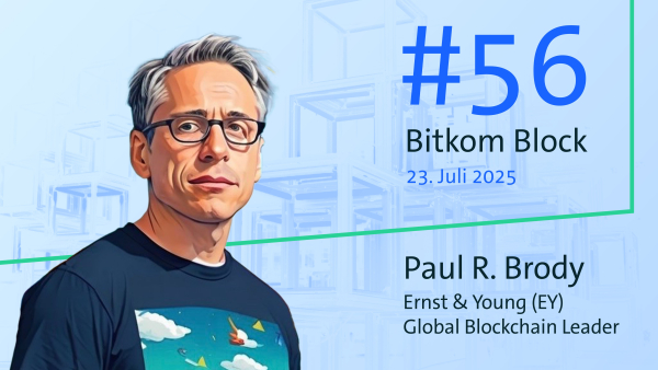 Bitkom_Block #56 Thumbnail, man sieht Veranstaltungsdetails sowie eine Karikatur des Speakers.