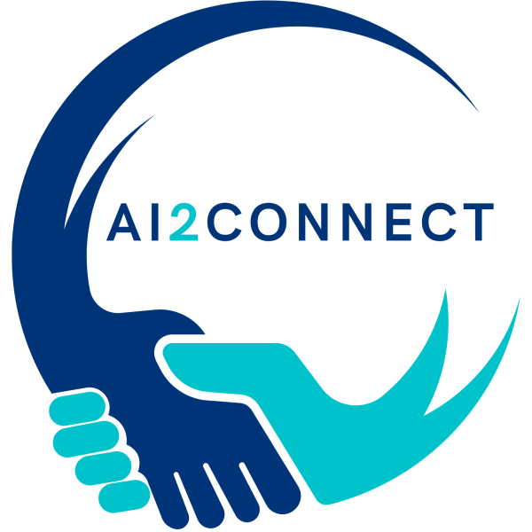 Logo mit dem Text „AI2CONNECT“ und stilisierten Händen in Blau und Türkis, umrahmt von einem blauen Bogen auf weißem Hintergrund.