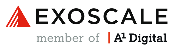Logo mit dem Schriftzug „EXOSCALE“ in Schwarz, rotem Dreieck über dem „E“, „member of A¹ Digital“ in Grau und Schwarz.