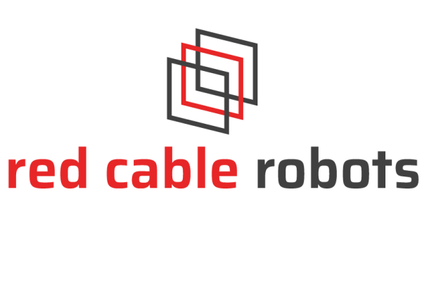 Logo "red cable robots" mit rotem und grauem Text, überlappenden Rechtecken in Rot und Grau auf weißem Hintergrund.