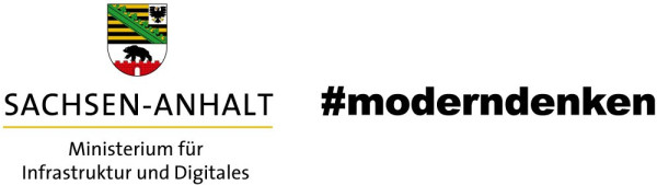 Logo des Landes Sachsen-Anhalt mit Wappen, Schriftzug „SACHSEN-ANHALT“ und „Ministerium für Infrastruktur und Digitales“.