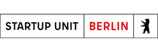 Logo mit "STARTUP UNIT" in Schwarz, "BERLIN" in Rot und stilisiertem schwarzen Bären auf weißem Hintergrund.
