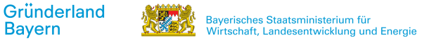 Logo von "Gründerland Bayern" mit bayerischem Wappen und Text des Staatsministeriums in hellblauer Schrift auf weißem Hintergrund.