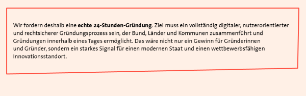 Textblock mit rotem Rahmen auf hellem Hintergrund. Inhalt: Forderung nach einem digitalen 24-Stunden-Gründungsprozess.