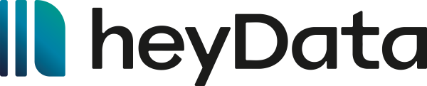 Logo "heyData" in blauer Farbverlauf-Optik und grauem Text auf schwarzem Hintergrund.