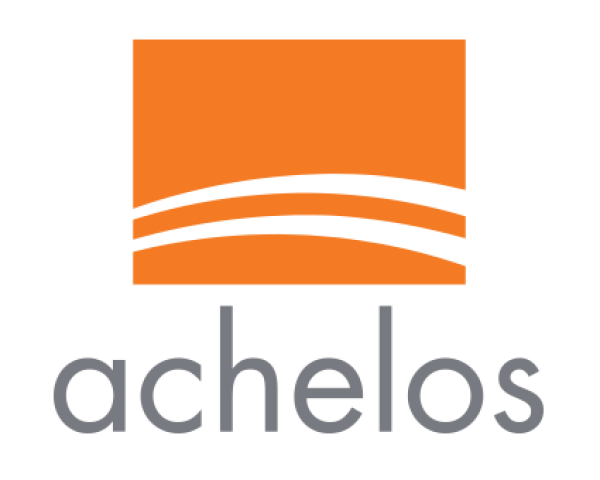 Logo mit orangefarbenem Rechteck, geschwungener Linie und grauem Schriftzug "achelos" auf weißem Hintergrund.